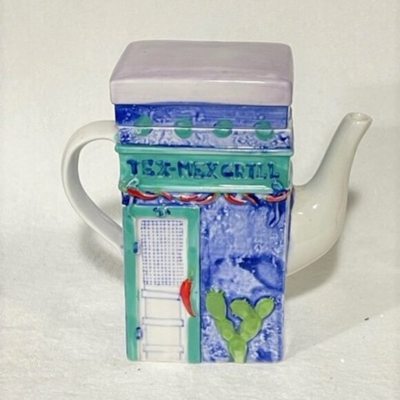 Vintage hand-painted ceramic MSRF teapot w/ Tex-Mex Grill/Boots on the building - Picture 1 of 9